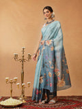 Hiral Fashion Blue Banarasi Cotton Silk Floral Digital Printed Saree | Grocsy
