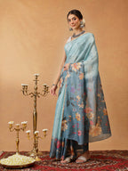 Hiral Fashion Blue Banarasi Cotton Silk Floral Digital Printed Saree | Grocsy