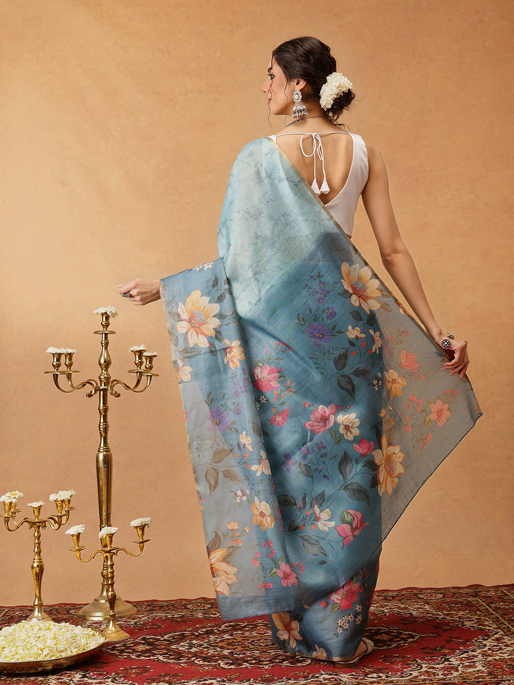 Hiral Fashion Blue Banarasi Cotton Silk Floral Digital Printed Saree | Grocsy