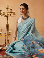 Hiral Fashion Blue Banarasi Cotton Silk Floral Digital Printed Saree | Grocsy