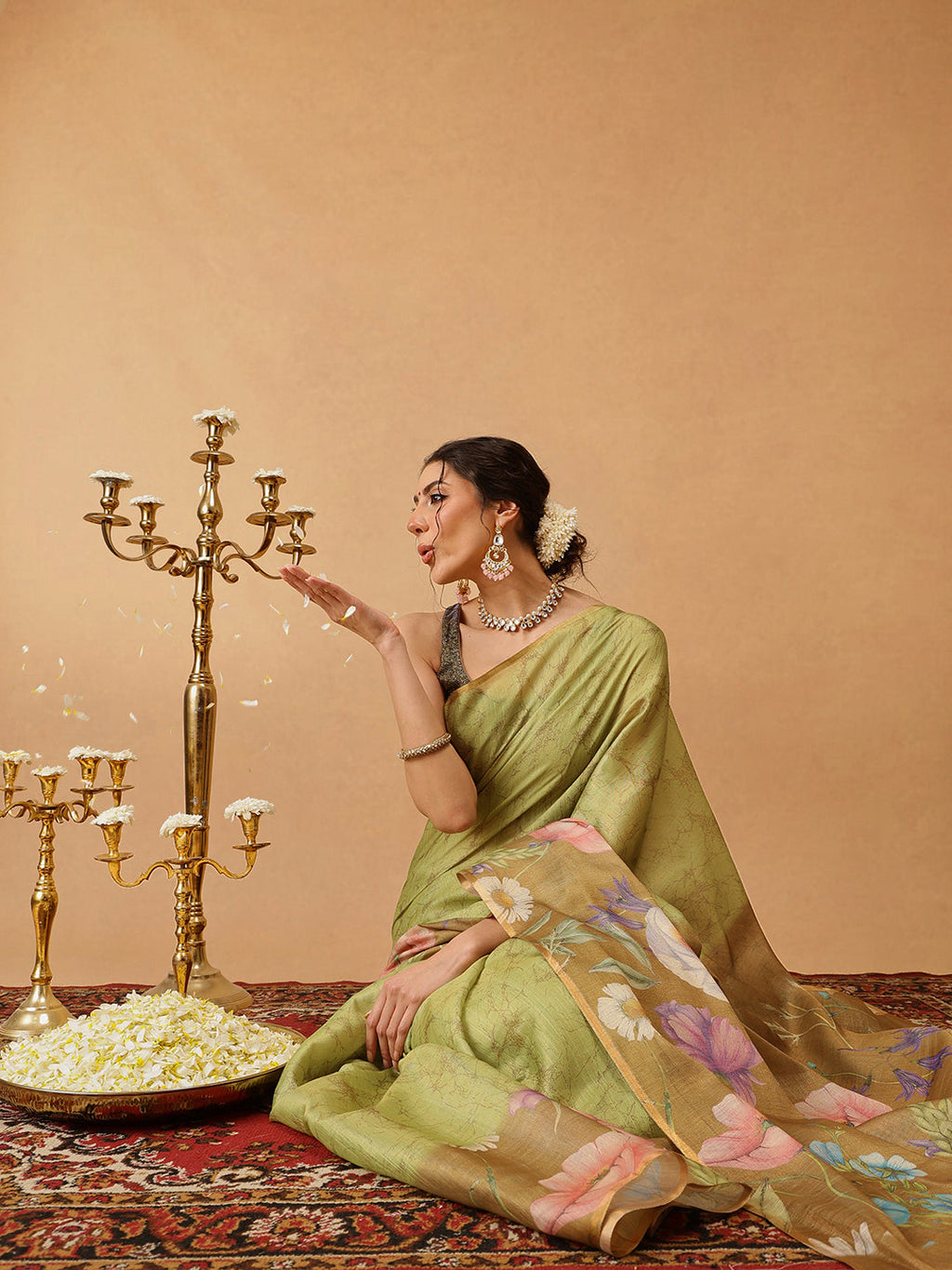 Hiral Fashion Olive Banarasi Cotton Silk Floral Digital Printed Saree | Grocsy