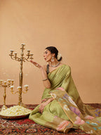 Hiral Fashion Olive Banarasi Cotton Silk Floral Digital Printed Saree | Grocsy