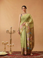 Hiral Fashion Olive Banarasi Cotton Silk Floral Digital Printed Saree | Grocsy