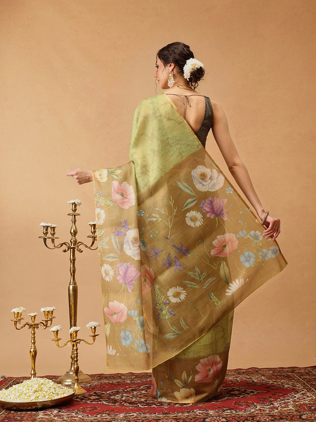 Hiral Fashion Olive Banarasi Cotton Silk Floral Digital Printed Saree | Grocsy
