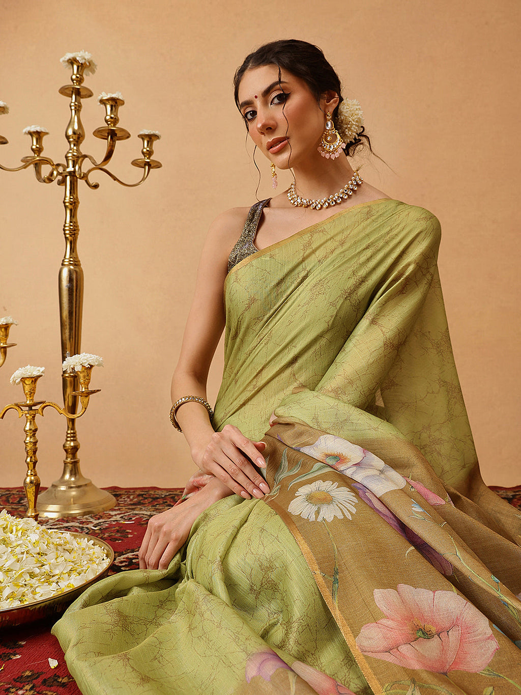 Hiral Fashion Olive Banarasi Cotton Silk Floral Digital Printed Saree | Grocsy