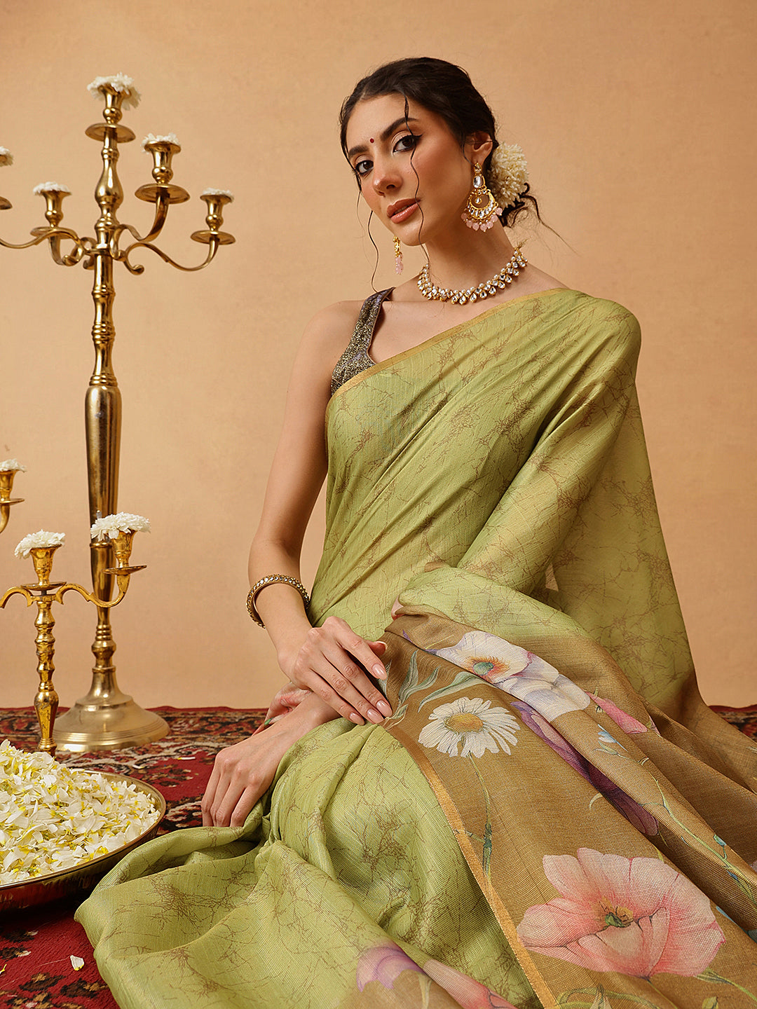 Hiral Fashion Olive Banarasi Cotton Silk Floral Digital Printed Saree | Grocsy