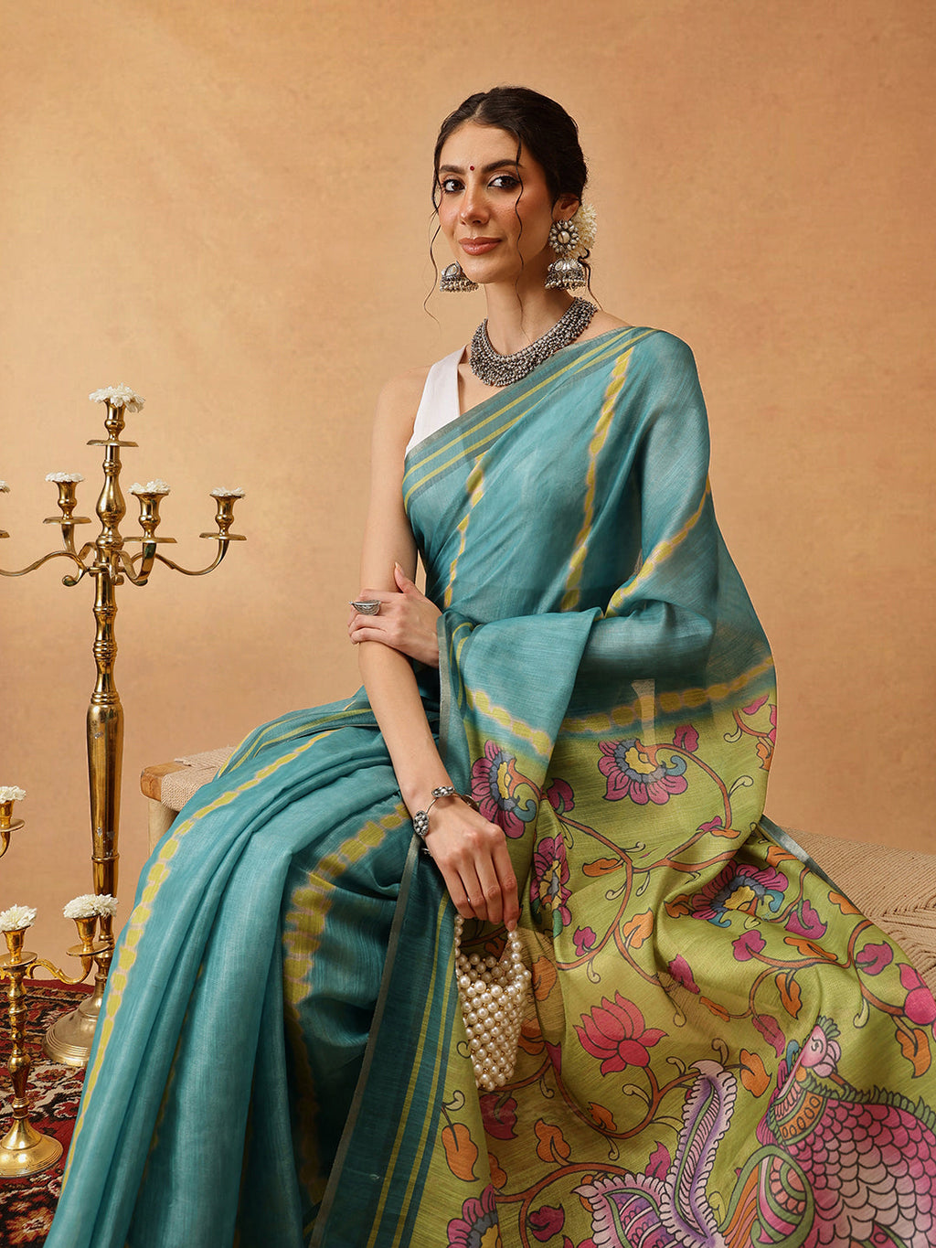 Hiral Fashion Teal Banarasi Cotton Silk Lahariya Digital Printed Saree | Grocsy