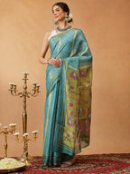 Hiral Fashion Teal Banarasi Cotton Silk Lahariya Digital Printed Saree | Grocsy