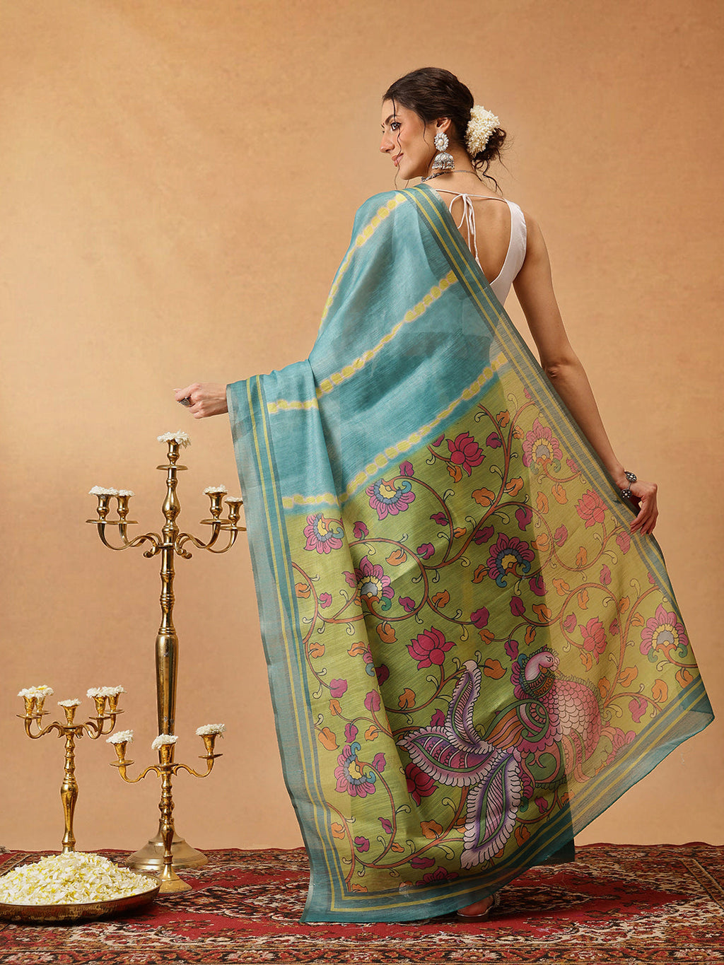 Hiral Fashion Teal Banarasi Cotton Silk Lahariya Digital Printed Saree | Grocsy