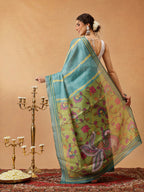 Hiral Fashion Teal Banarasi Cotton Silk Lahariya Digital Printed Saree | Grocsy