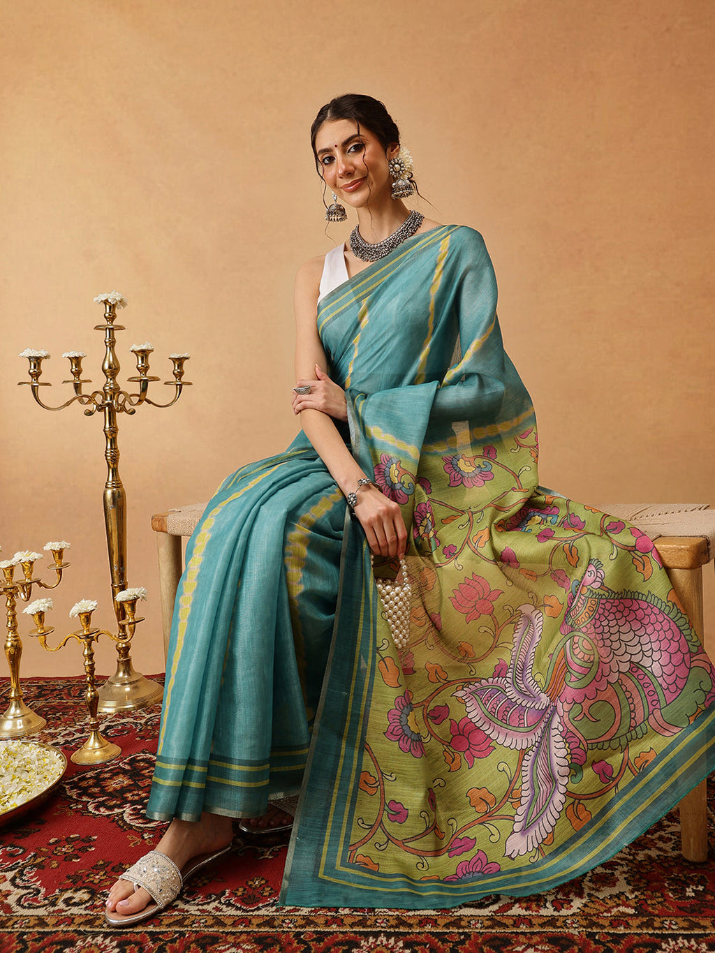 Hiral Fashion Teal Banarasi Cotton Silk Lahariya Digital Printed Saree | Grocsy