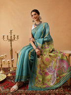 Hiral Fashion Teal Banarasi Cotton Silk Lahariya Digital Printed Saree | Grocsy