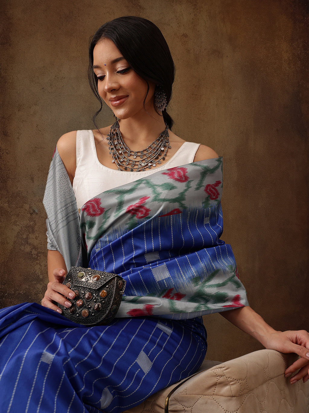 Blue Silk Blend Digital Print Striped Saree with Unstitched Blouse - Hiral Fashion | Grocsy