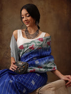 Blue Silk Blend Digital Print Striped Saree with Unstitched Blouse - Hiral Fashion | Grocsy