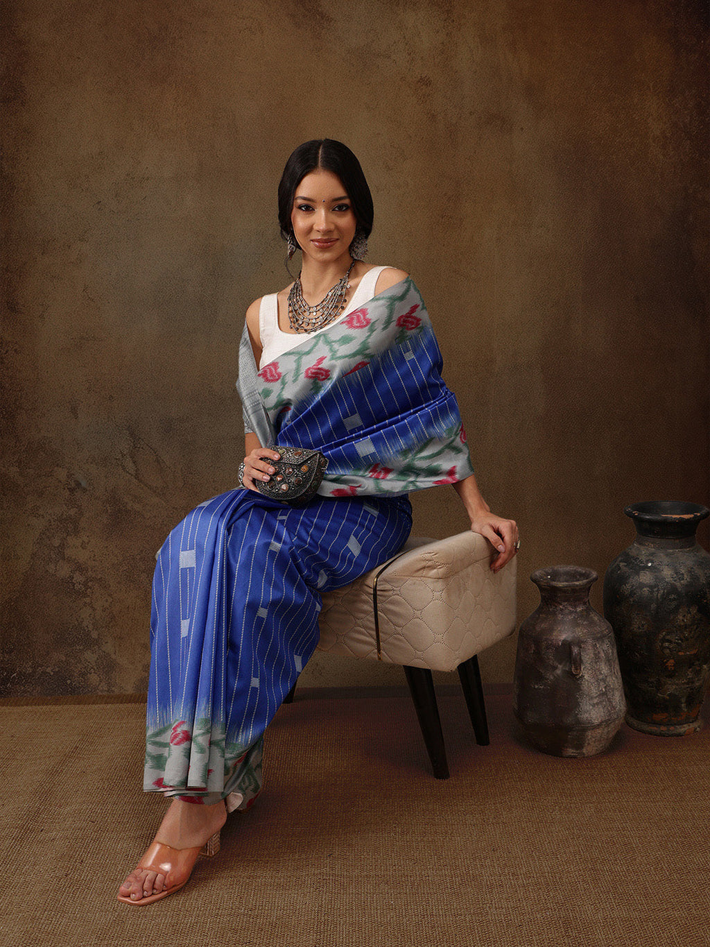 Blue Silk Blend Digital Print Striped Saree with Unstitched Blouse - Hiral Fashion | Grocsy