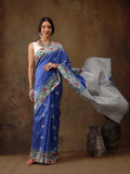 Blue Silk Blend Digital Print Striped Saree with Unstitched Blouse - Hiral Fashion | Grocsy