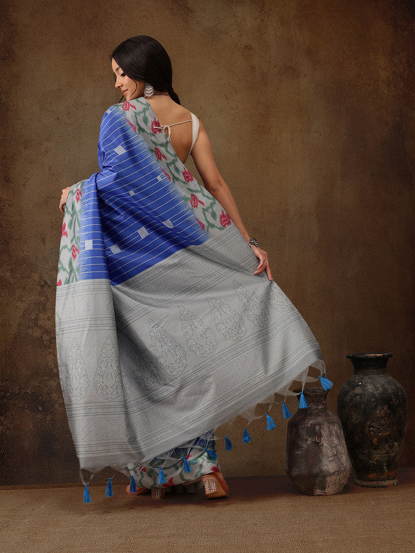 Blue Silk Blend Digital Print Striped Saree with Unstitched Blouse - Hiral Fashion | Grocsy