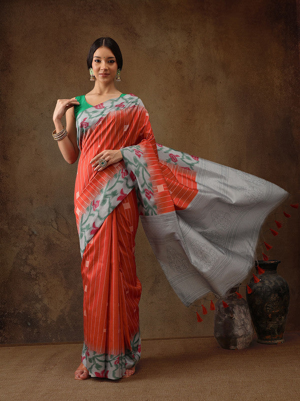 Orange Silk Blend Digital Print Striped Saree with Unstitched Blouse - Hiral Fashion | Grocsy