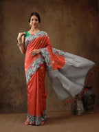 Orange Silk Blend Digital Print Striped Saree with Unstitched Blouse - Hiral Fashion | Grocsy