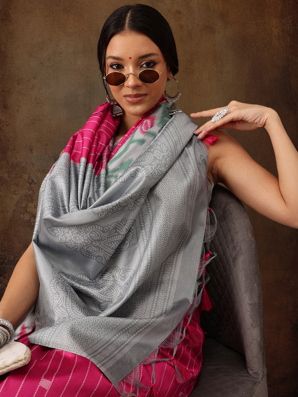 Pink Silk Blend Digital Print Striped Saree with Unstitched Blouse - Hiral Fashion | Grocsy