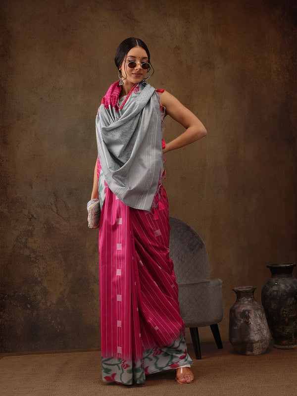 Pink Silk Blend Digital Print Striped Saree with Unstitched Blouse - Hiral Fashion | Grocsy