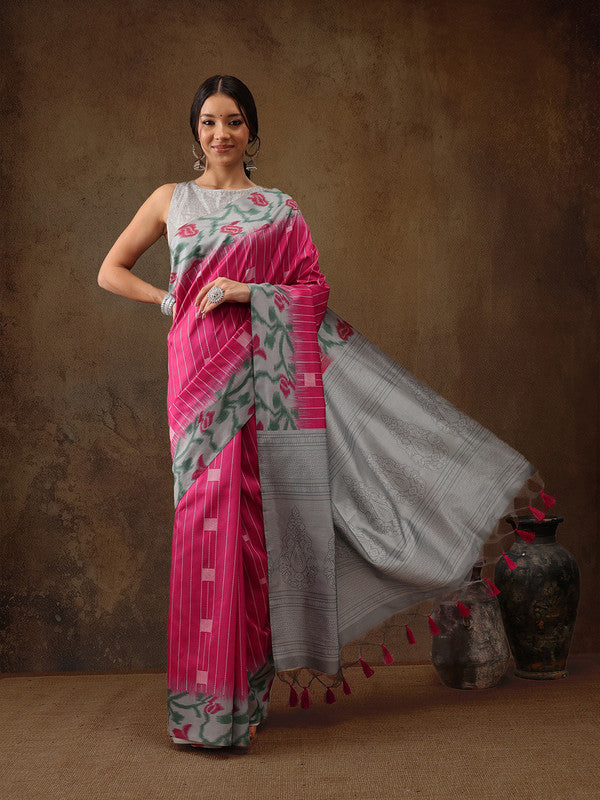 Pink Silk Blend Digital Print Striped Saree with Unstitched Blouse - Hiral Fashion | Grocsy