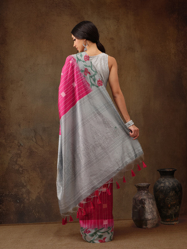 Pink Silk Blend Digital Print Striped Saree with Unstitched Blouse - Hiral Fashion | Grocsy