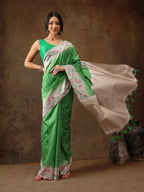 Green Silk Blend Digital Print Striped Saree with Unstitched Blouse - Hiral Fashion | Grocsy