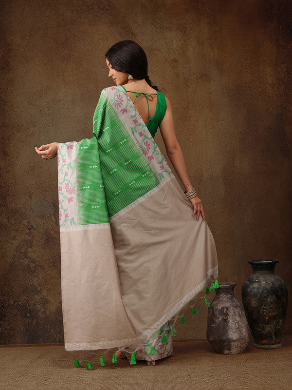 Green Silk Blend Digital Print Striped Saree with Unstitched Blouse - Hiral Fashion | Grocsy