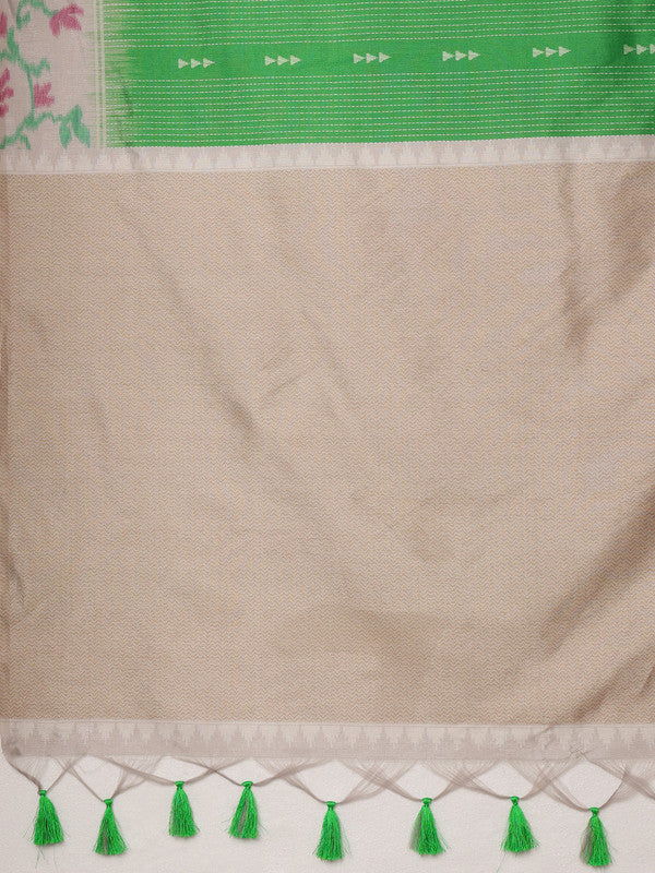 Green Silk Blend Digital Print Striped Saree with Unstitched Blouse - Hiral Fashion | Grocsy