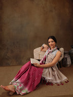 Maroon Silk Blend Digital Print Striped Saree with Unstitched Blouse - Hiral Fashion | Grocsy