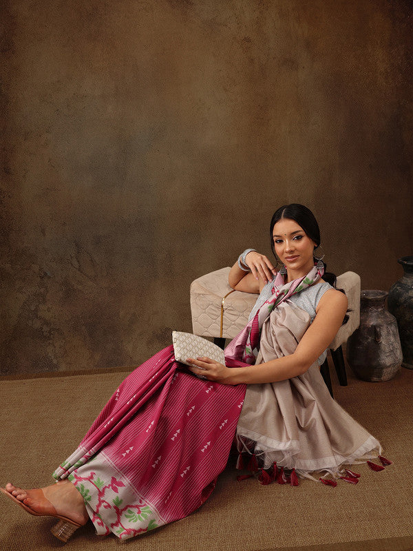 Maroon Silk Blend Digital Print Striped Saree with Unstitched Blouse - Hiral Fashion | Grocsy