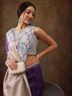 Purple Silk Blend Digital Print Striped Saree with Unstitched Blouse - Hiral Fashion | Grocsy