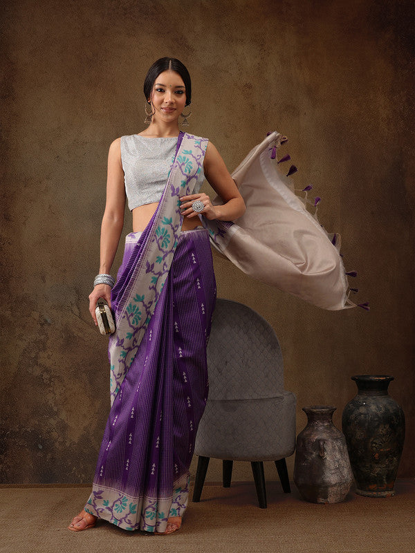 Purple Silk Blend Digital Print Striped Saree with Unstitched Blouse - Hiral Fashion | Grocsy