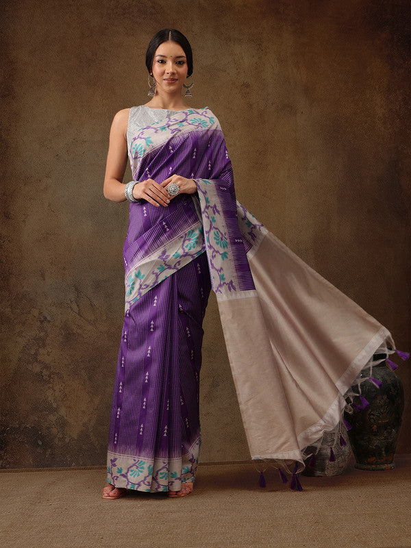 Purple Silk Blend Digital Print Striped Saree with Unstitched Blouse - Hiral Fashion | Grocsy