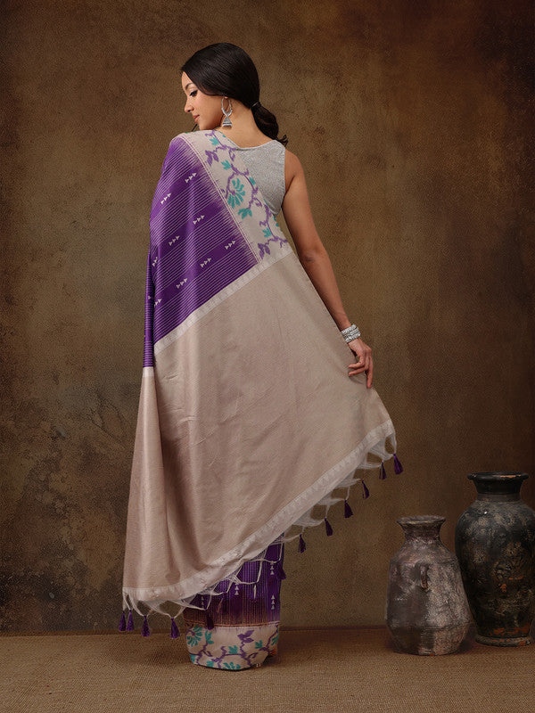 Purple Silk Blend Digital Print Striped Saree with Unstitched Blouse - Hiral Fashion | Grocsy