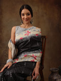 Black Silk Blend Digital Print Striped Saree with Unstitched Blouse - Hiral Fashion | Grocsy