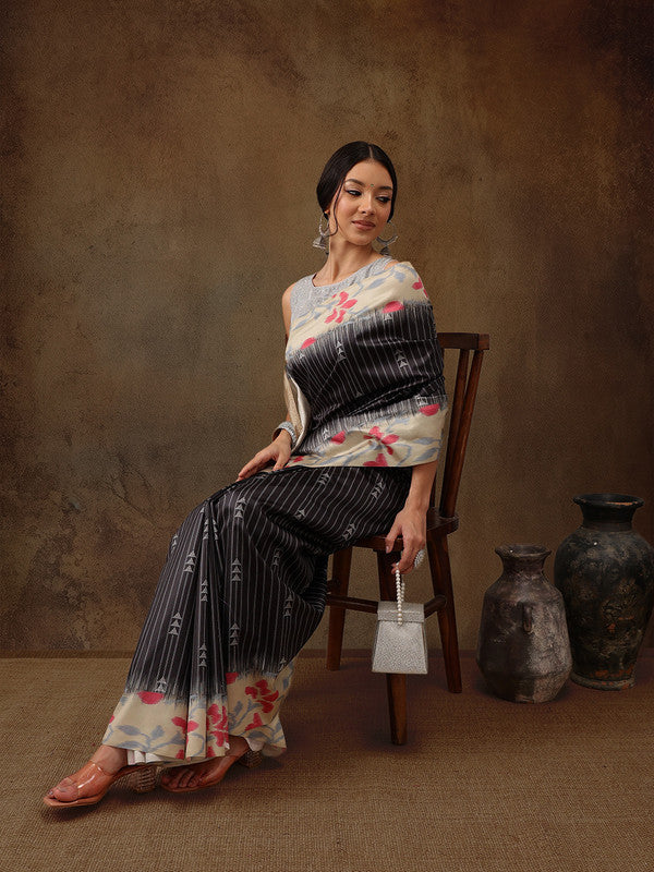 Black Silk Blend Digital Print Striped Saree with Unstitched Blouse - Hiral Fashion | Grocsy