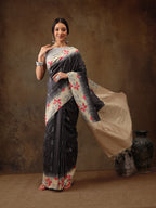 Black Silk Blend Digital Print Striped Saree with Unstitched Blouse - Hiral Fashion | Grocsy