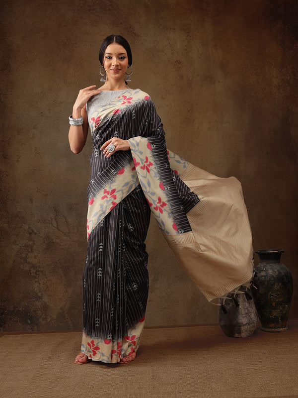 Black Silk Blend Digital Print Striped Saree with Unstitched Blouse - Hiral Fashion | Grocsy