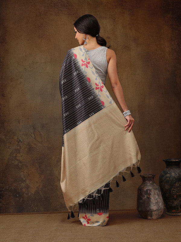 Black Silk Blend Digital Print Striped Saree with Unstitched Blouse - Hiral Fashion | Grocsy