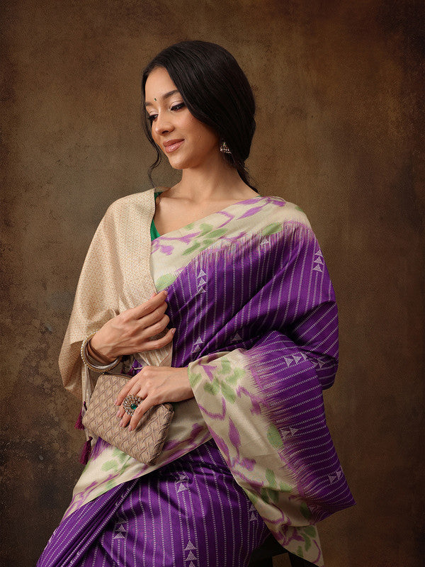 Purple Silk Blend Digital Print Striped Saree with Unstitched Blouse - Hiral Fashion | Grocsy