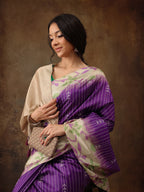 Purple Silk Blend Digital Print Striped Saree with Unstitched Blouse - Hiral Fashion | Grocsy