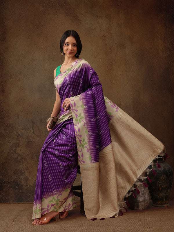 Purple Silk Blend Digital Print Striped Saree with Unstitched Blouse - Hiral Fashion | Grocsy