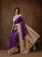 Purple Silk Blend Digital Print Striped Saree with Unstitched Blouse - Hiral Fashion | Grocsy