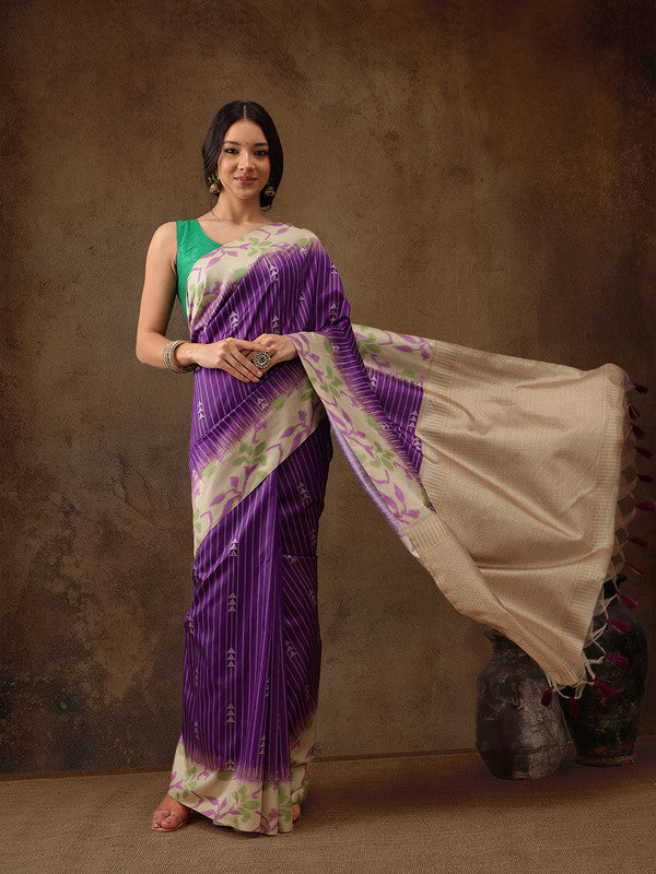 Purple Silk Blend Digital Print Striped Saree with Unstitched Blouse - Hiral Fashion | Grocsy