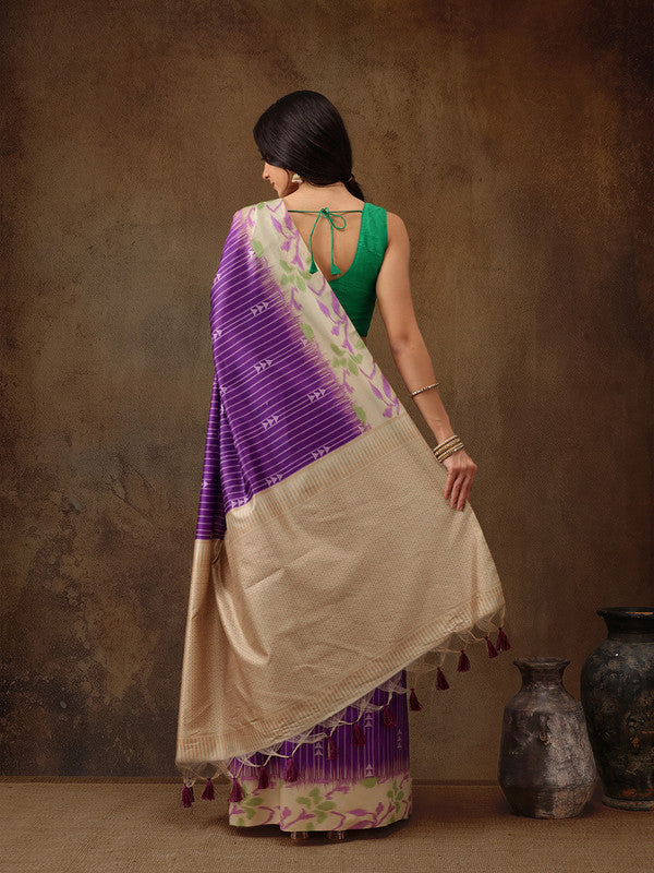 Purple Silk Blend Digital Print Striped Saree with Unstitched Blouse - Hiral Fashion | Grocsy