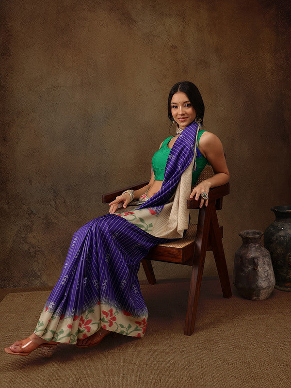Royal Blue Silk Blend Digital Print Striped Saree with Unstitched Blouse - Hiral Fashion | Grocsy