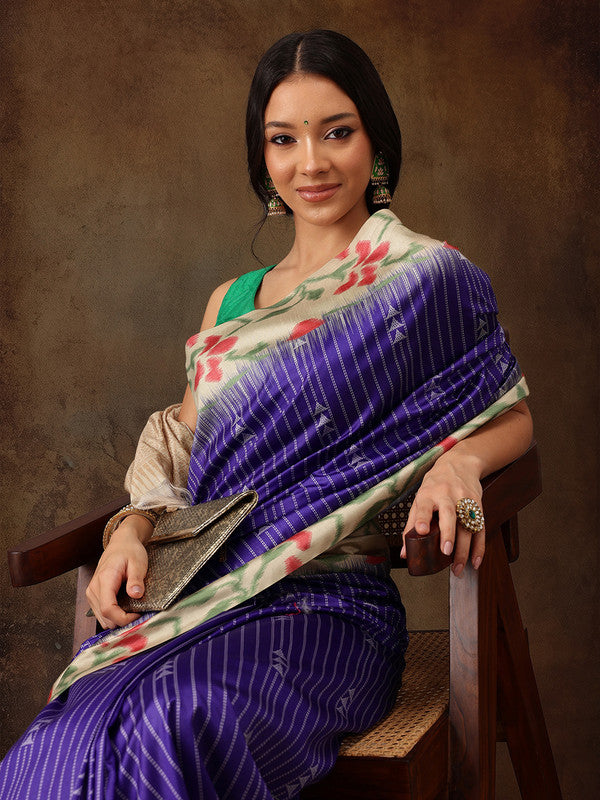 Royal Blue Silk Blend Digital Print Striped Saree with Unstitched Blouse - Hiral Fashion | Grocsy