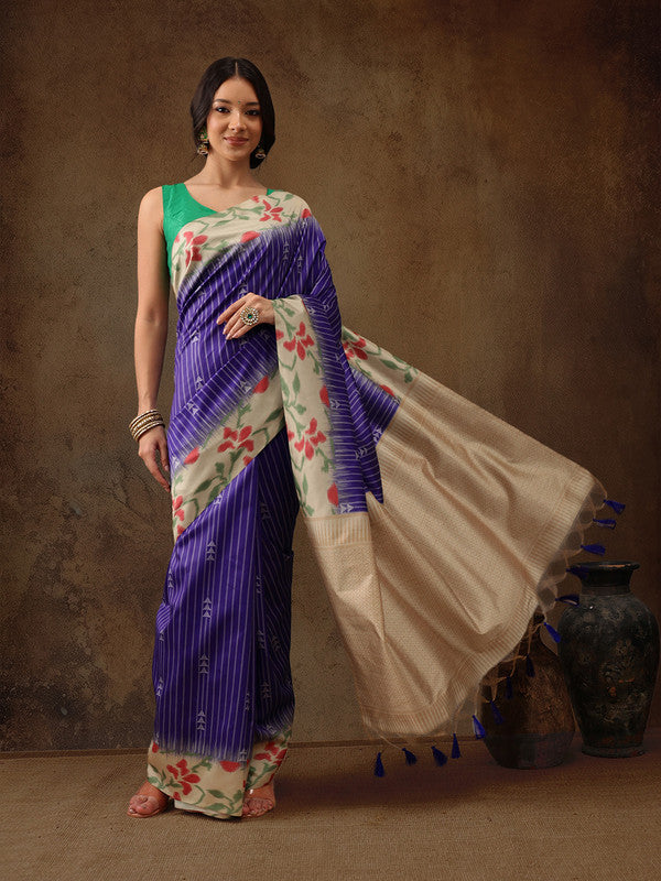 Royal Blue Silk Blend Digital Print Striped Saree with Unstitched Blouse - Hiral Fashion | Grocsy